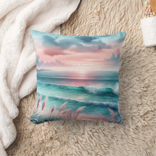 Beautiful Ocean Scene in Pink and Blue Throw Pillow