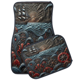 Beautiful Ocean Scene With Ship and Floral Design Car Floor Mat