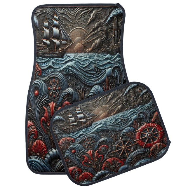 Beautiful Ocean Scene With Ship and Floral Design Car Floor Mat (Set)