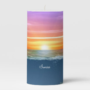 Beautiful ocean sunrise & calligraphy pillar candle
