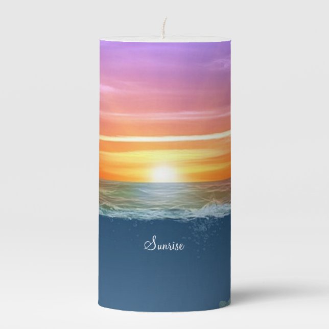 Beautiful ocean sunrise & calligraphy pillar candle (Front)