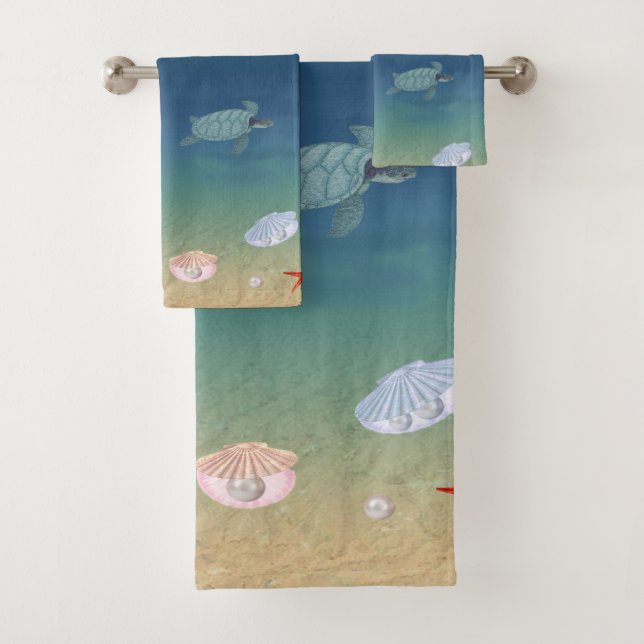 Beautiful Ocean Sunrise, Sea Turtles and Pearls Bath Towel Set (Insitu)