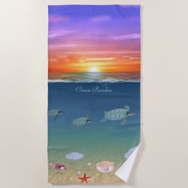 Beautiful Ocean Sunrise, Sea Turtles and Pearls Beach Towel (Front)