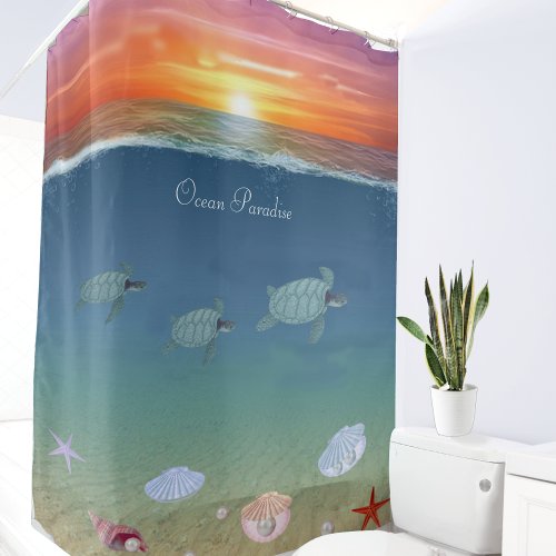 Beautiful Ocean Sunrise Sea Turtles and Pearls Shower Curtain