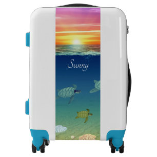 Beautiful ocean sunrise, swimming sea turtles luggage