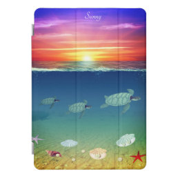 Beautiful ocean sunrise, turtles, shells &amp; pearls iPad pro cover