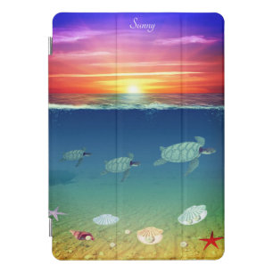 Beautiful ocean sunrise, turtles, shells & pearls iPad pro cover