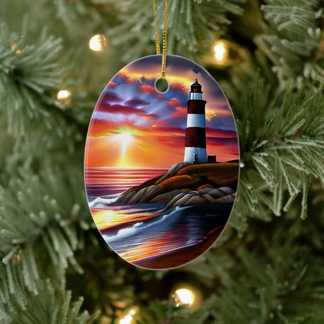 Beautiful Ocean Sunset and Lighthouse Personalized Ceramic Ornament (Tree)