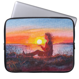 Beautiful ocean sunset. Portrait of young woman as Laptop Sleeve