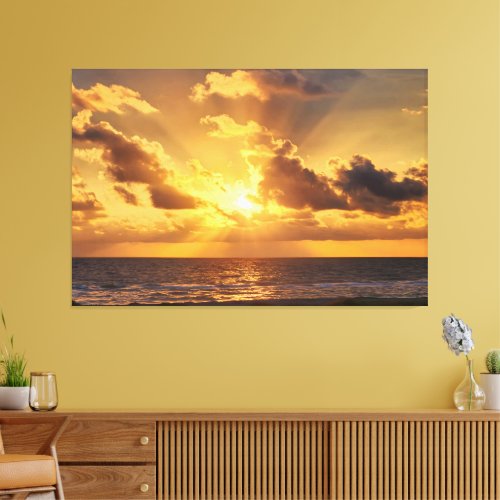 Beautiful Ocean Sunset With Sunrays Shining Canvas Print