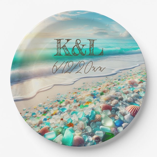 Beautiful Ocean Waves and Sea Glass Personalized Paper Plates (Front)