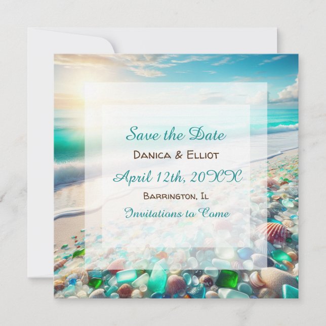 Beautiful Ocean Waves and Sea Glass Wedding  Save The Date (Front)