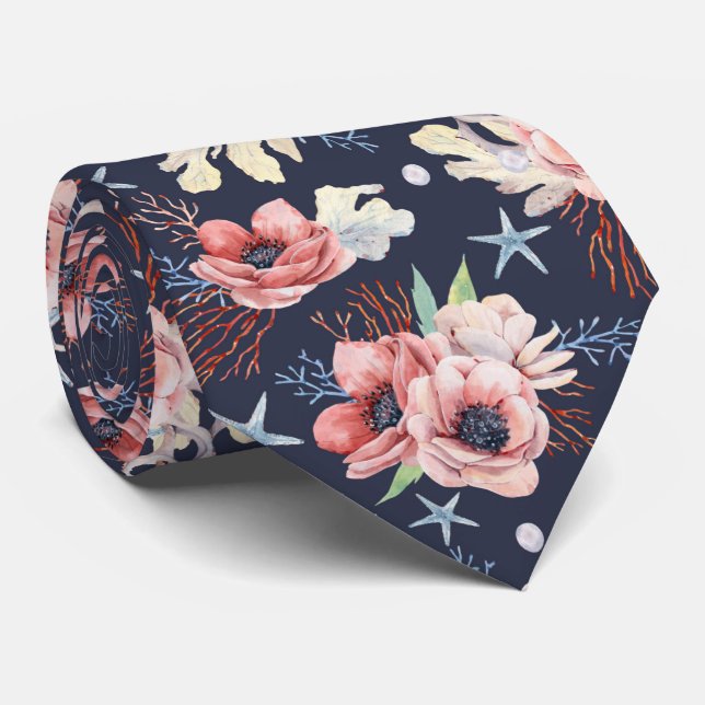 Beautiful Oceans Symbols Over Deep Blue Neck Tie (Rolled)