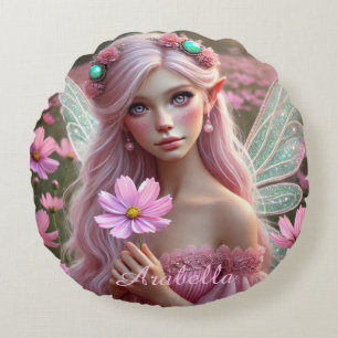 Beautiful October Fairy in Cosmos Round Pillow