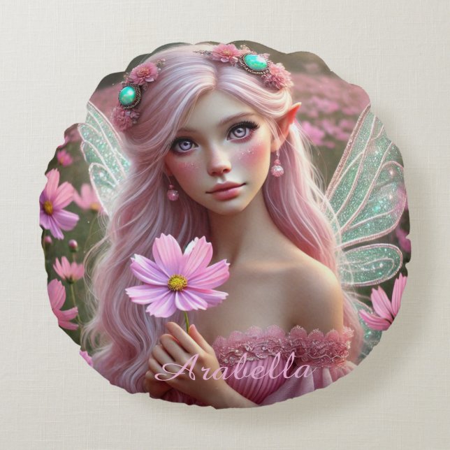 Beautiful October Fairy in Cosmos Round Pillow (Front)