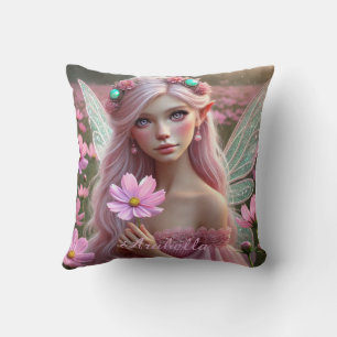 Beautiful October Fairy in Cosmos Throw Pillow