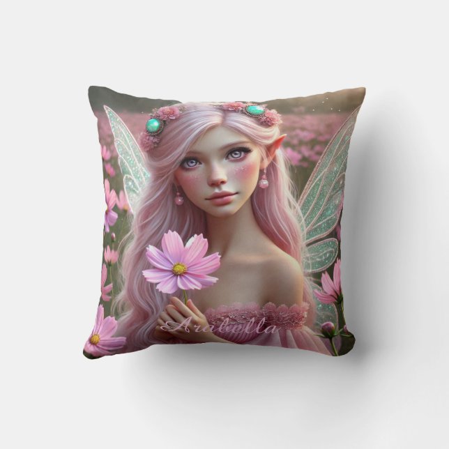 Beautiful October Fairy in Cosmos Throw Pillow (Back)