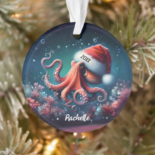 Beautiful Octopus in Santa Hat   Ornament