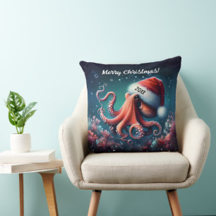 Beautiful Octopus in Santa Hat Throw Pillow