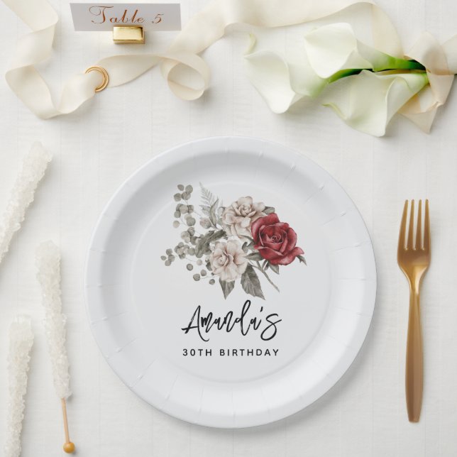 Beautiful Off-White & Red Roses Floral Birthday Paper Plates (Wedding)