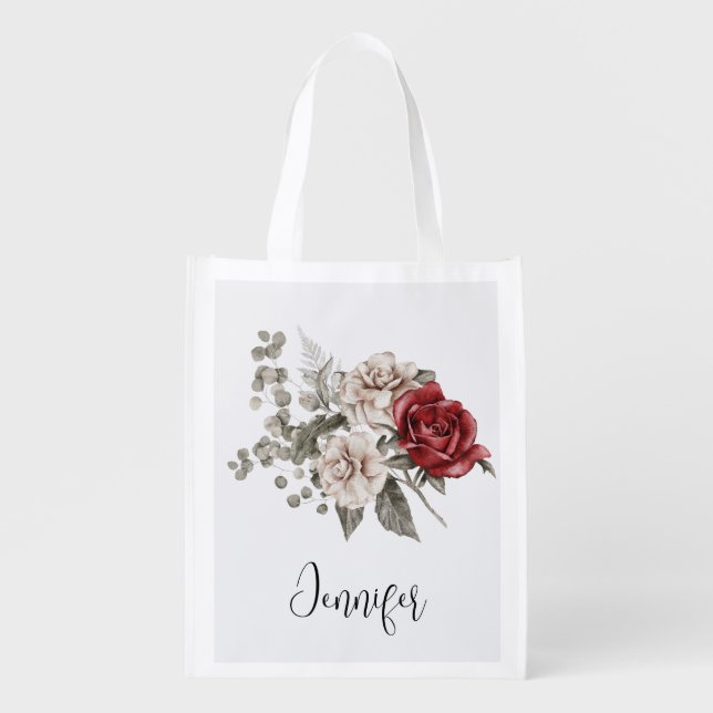 Beautiful Off-White & Red Roses Floral Bouquet Grocery Bag (Front)