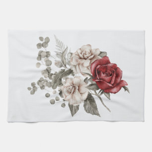 Beautiful Off-White & Red Roses Floral Bouquet Kitchen Towel