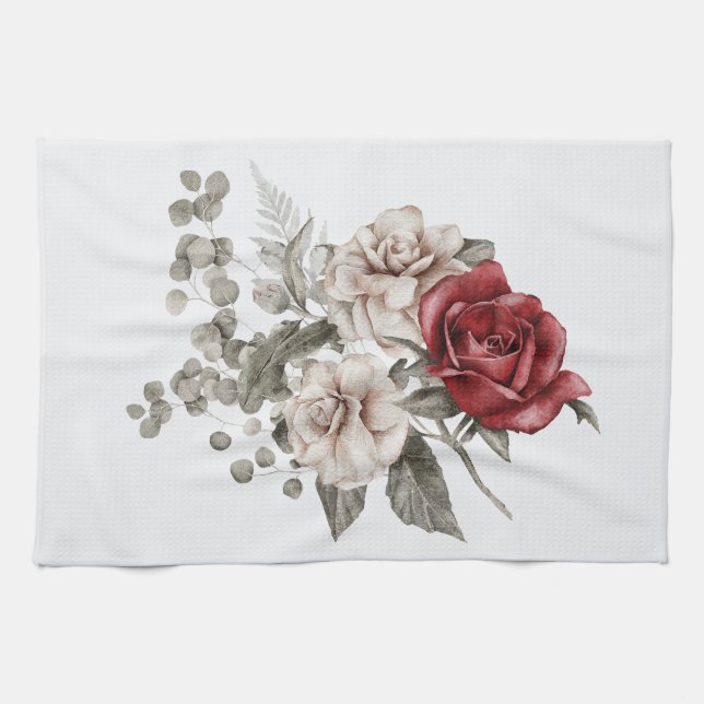 Beautiful Off-White & Red Roses Floral Bouquet Kitchen Towel (Horizontal)