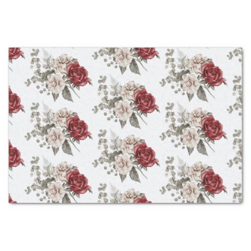 Beautiful Off_White  Red Roses Floral Patterned Tissue Paper