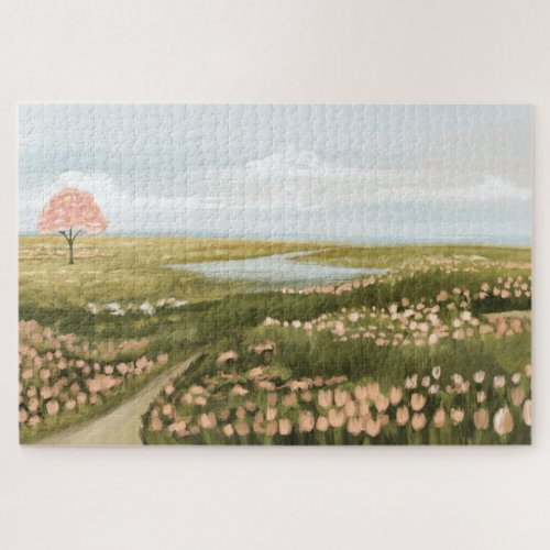 Beautiful Oil Painting Floral Meadow Path  Lake Jigsaw Puzzle