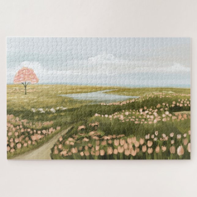Beautiful Oil Painting Floral Meadow Path & Lake Jigsaw Puzzle (Horizontal)