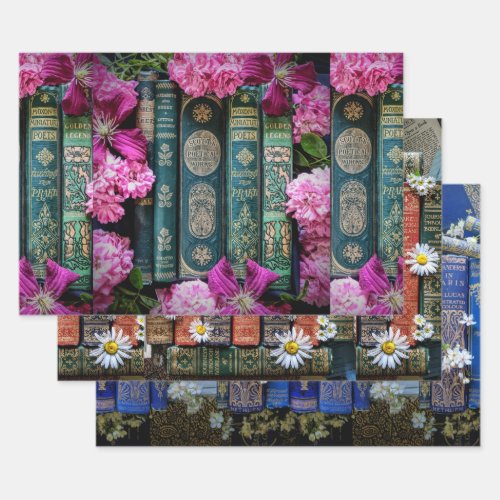 Beautiful Old Books Spines and Flowers Wrapping Paper Sheets