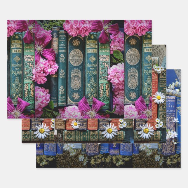 Beautiful Old Books Spines and Flowers Wrapping Paper Sheets (Set)