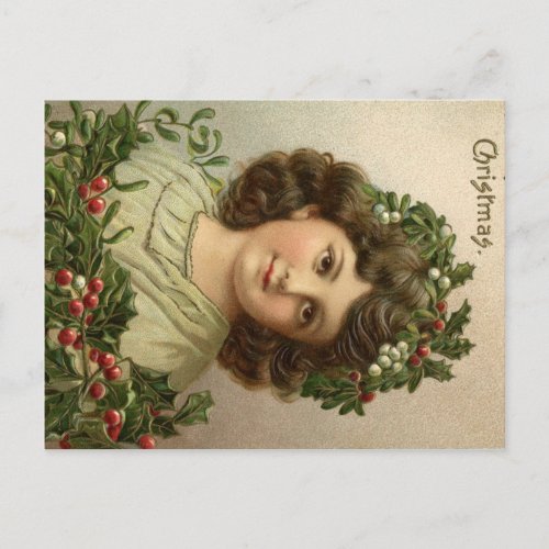 Beautiful Old Christmas Lithograph of Young Girl Postcard