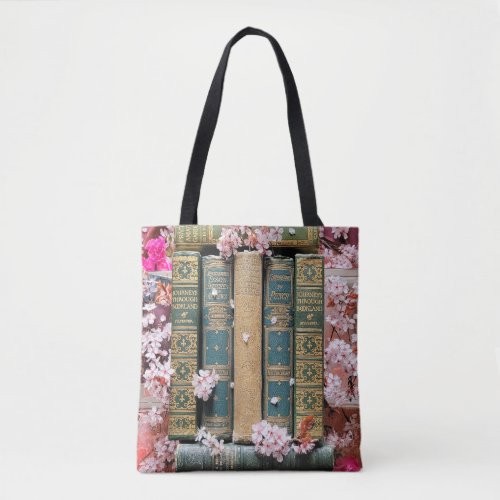 Beautiful Old Green Books and Pink Blossoms Tote Bag