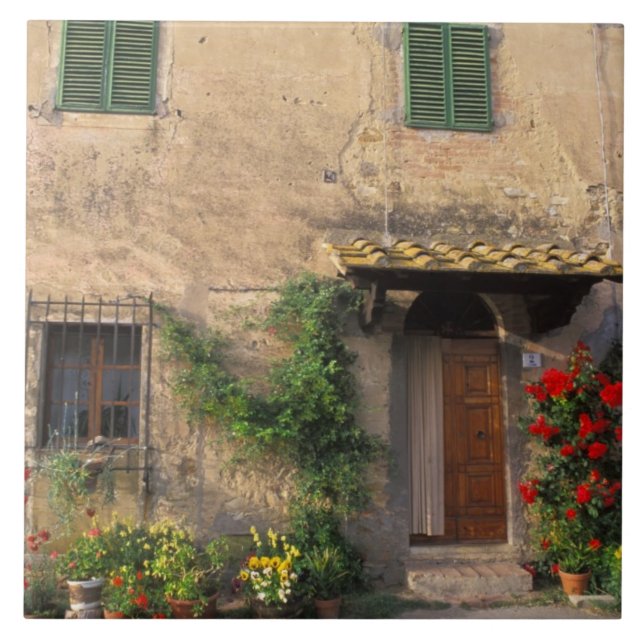 Beautiful old home with flowers at San Gimignano Ceramic Tile (Front)
