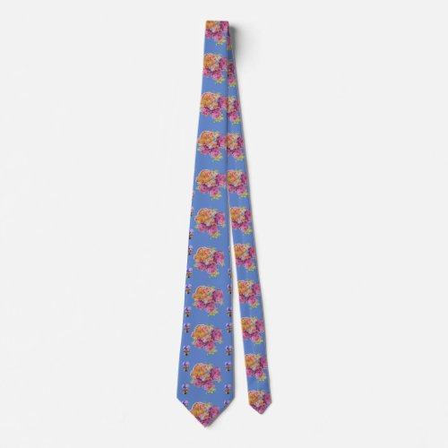 Beautiful Old Pink Roses on Blue Mens Neck Tie