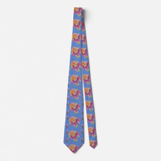 Beautiful Old Pink Roses on Blue Mens Neck Tie (Front)