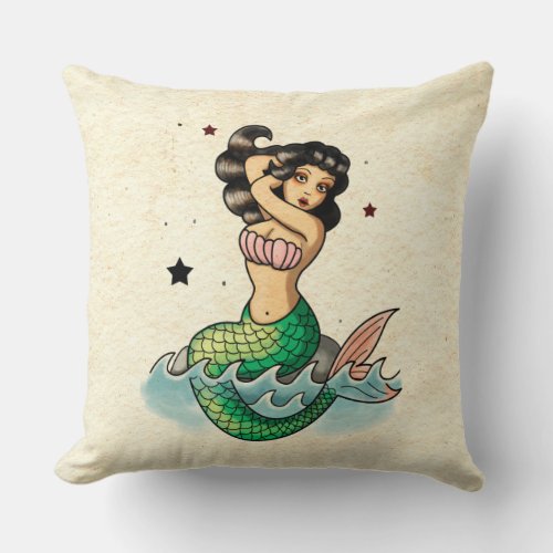 Beautiful Old School Mermaid Throw Pillow