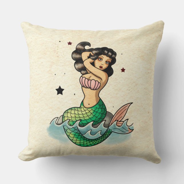 Beautiful Old School Mermaid Throw Pillow (Front)