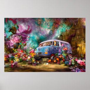 Beautiful old teal Combi van with colourful flower Poster