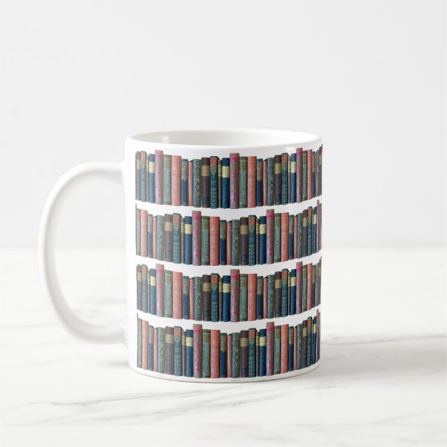 Beautiful old vintage books, book spines coffee mug (Left)