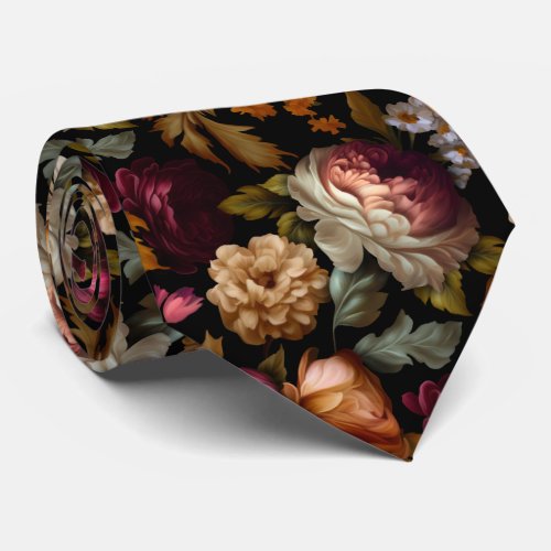 Beautiful Old World Floral on Black Wedding Neck Tie