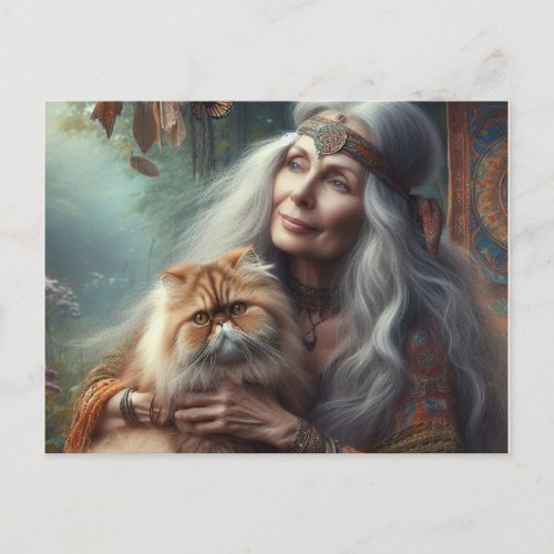 Beautiful older woman lovingly holding her cat postcard