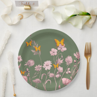 Beautiful olive and pink floral and butterfly  paper plates