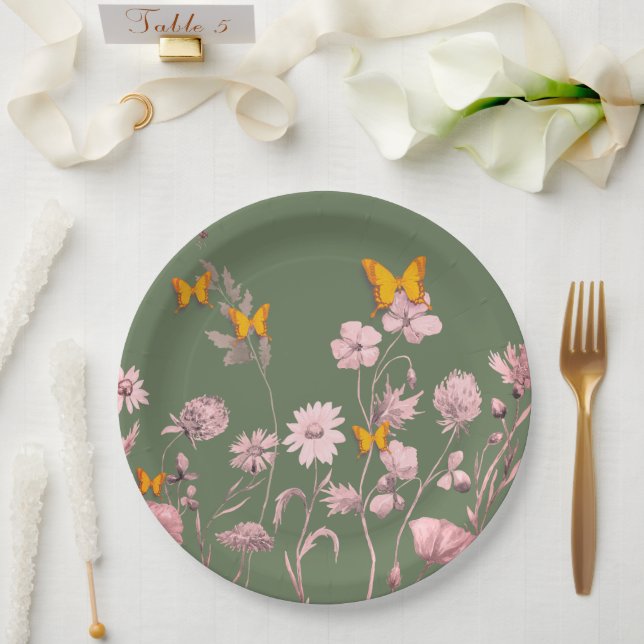 Beautiful olive and pink floral and butterfly  paper plates (Wedding)