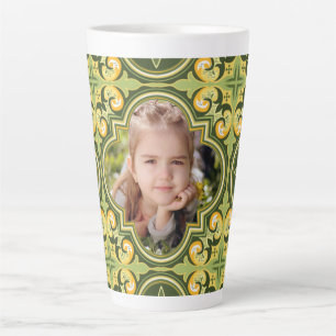 Beautiful olive and yellow Azulejos, custom photo Latte Mug