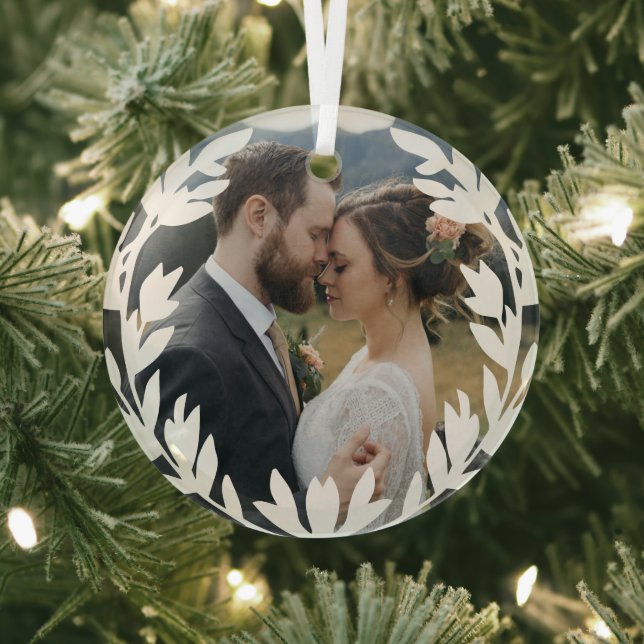 Beautiful Open White Wreath Add Wedding Photo Glass Ornament (Insitu)