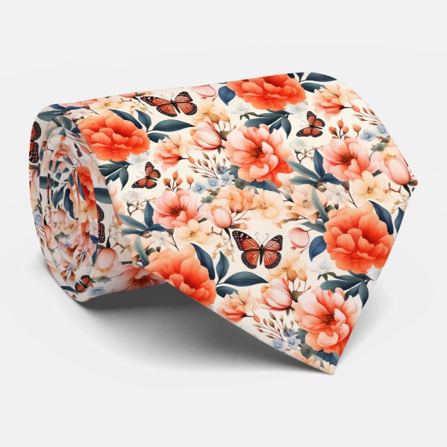 Beautiful Orange Butterflies On Pale Orange Neck Tie (Rolled)