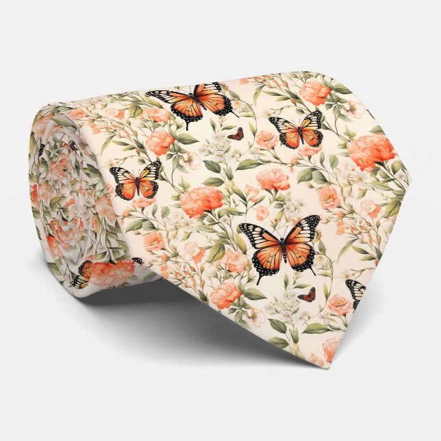 Beautiful Orange Butterflies On Pale Orange Neck Tie (Rolled)