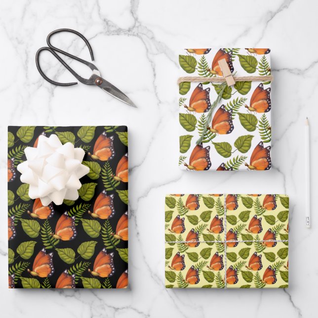 Beautiful Orange Butterfly Pattern Coordinated  Wrapping Paper Sheets (Front)